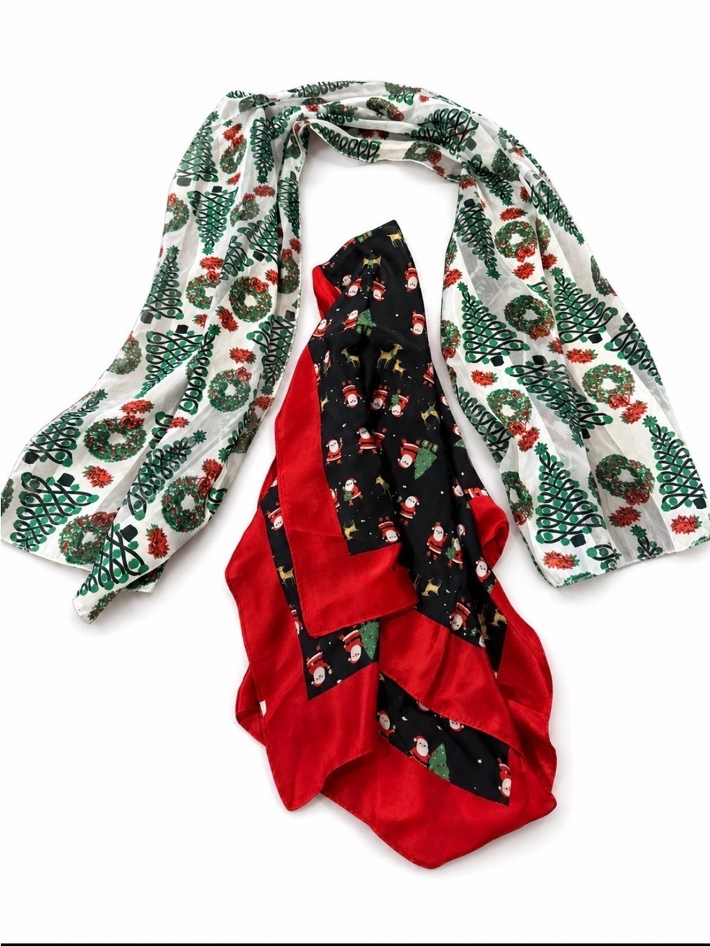 Festive Holiday Scarf Set - Green Wreath & Red Santa Prints satin lightweight